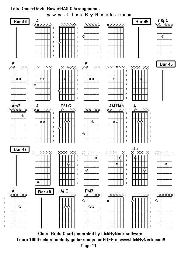 Chord Grids Chart of chord melody fingerstyle guitar song-Lets Dance-David Bowie-BASIC Arrangement,generated by LickByNeck software.